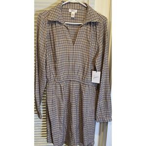 JAPNA Plaid Long Sleeve Brown Tan Cream Dress Women's size Large‎ Collared NWT